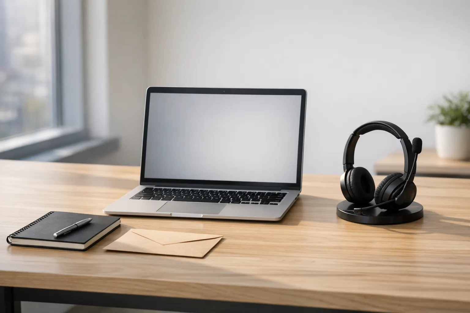 Minimalistyczne stanowisko kontaktowe redakcji z laptopem, sluchawkami i notatnikiem bez ludzi