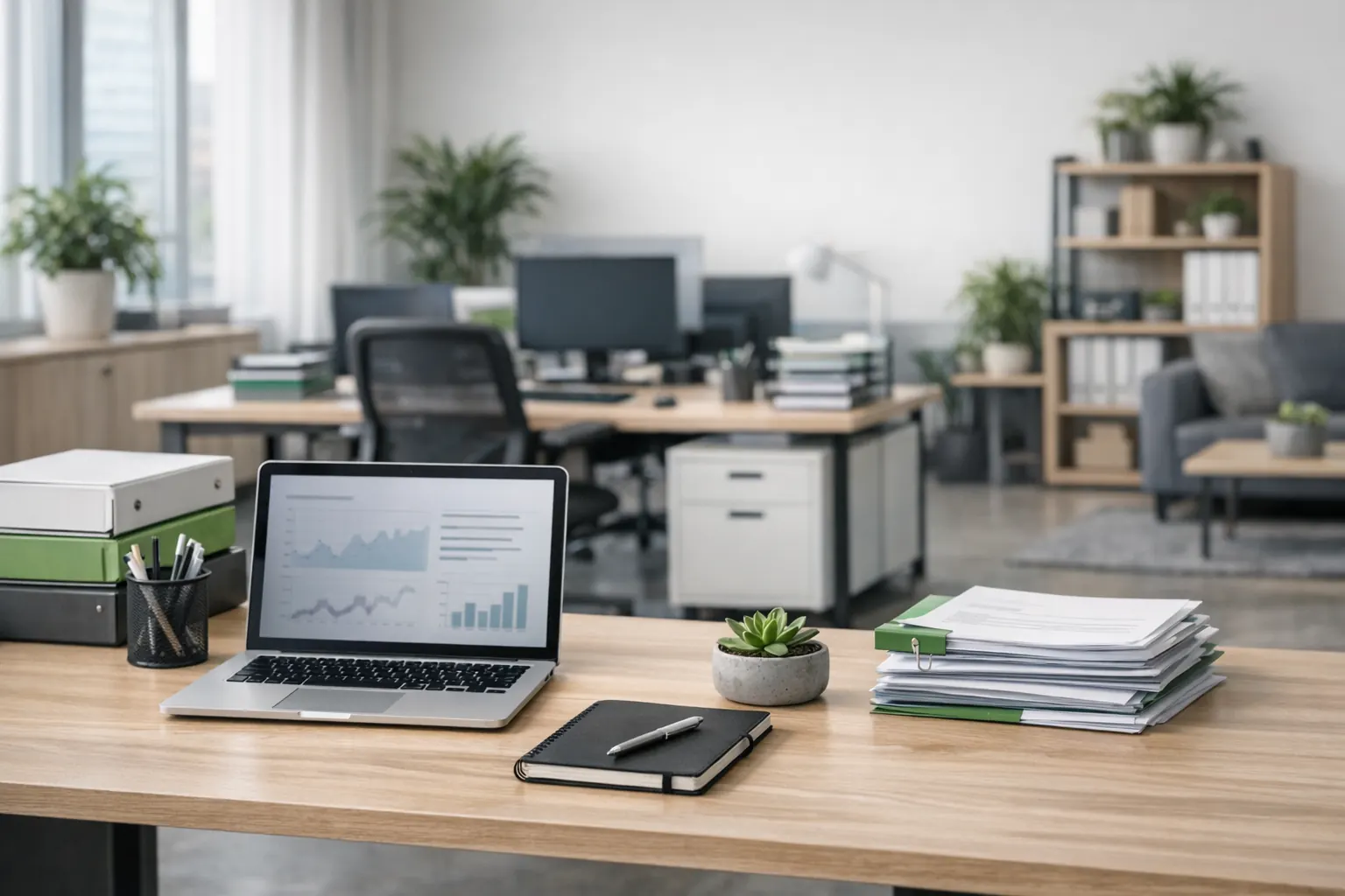 Uporzadkowane stanowisko redakcyjne z dokumentami i laptopem symbolizujace standardy wiedzy